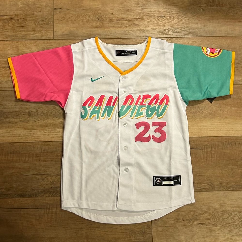 Fernando Tatis Jr #23 San Diego Kids Jersey - White, Pink, Youth Medium 10/12